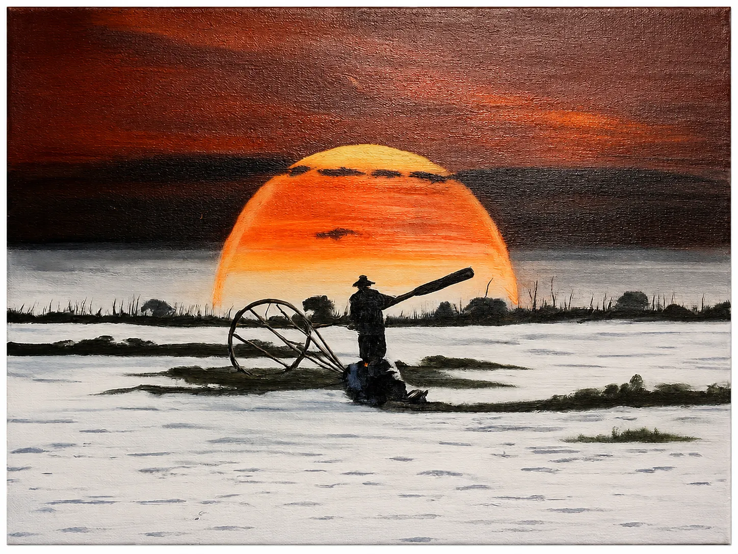 Fisherman at sunset on Inle Lake, oil painting