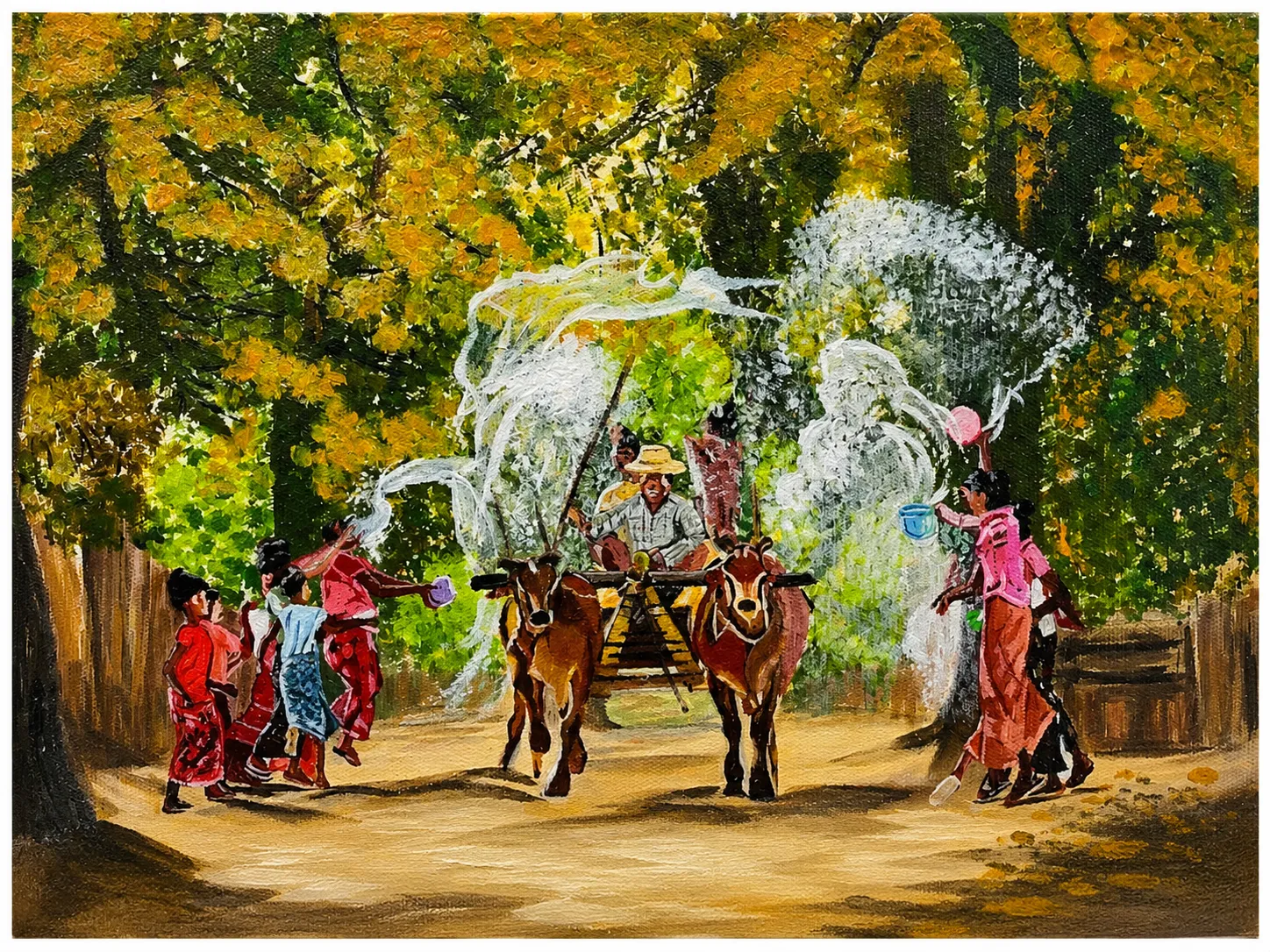 Thingyan water-festival scene, oil painting